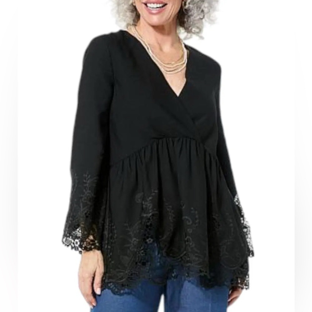 Nina Leonard Women's Surplice Neck Bell Sleeve Hi-Low Top Black Embroidered 1X